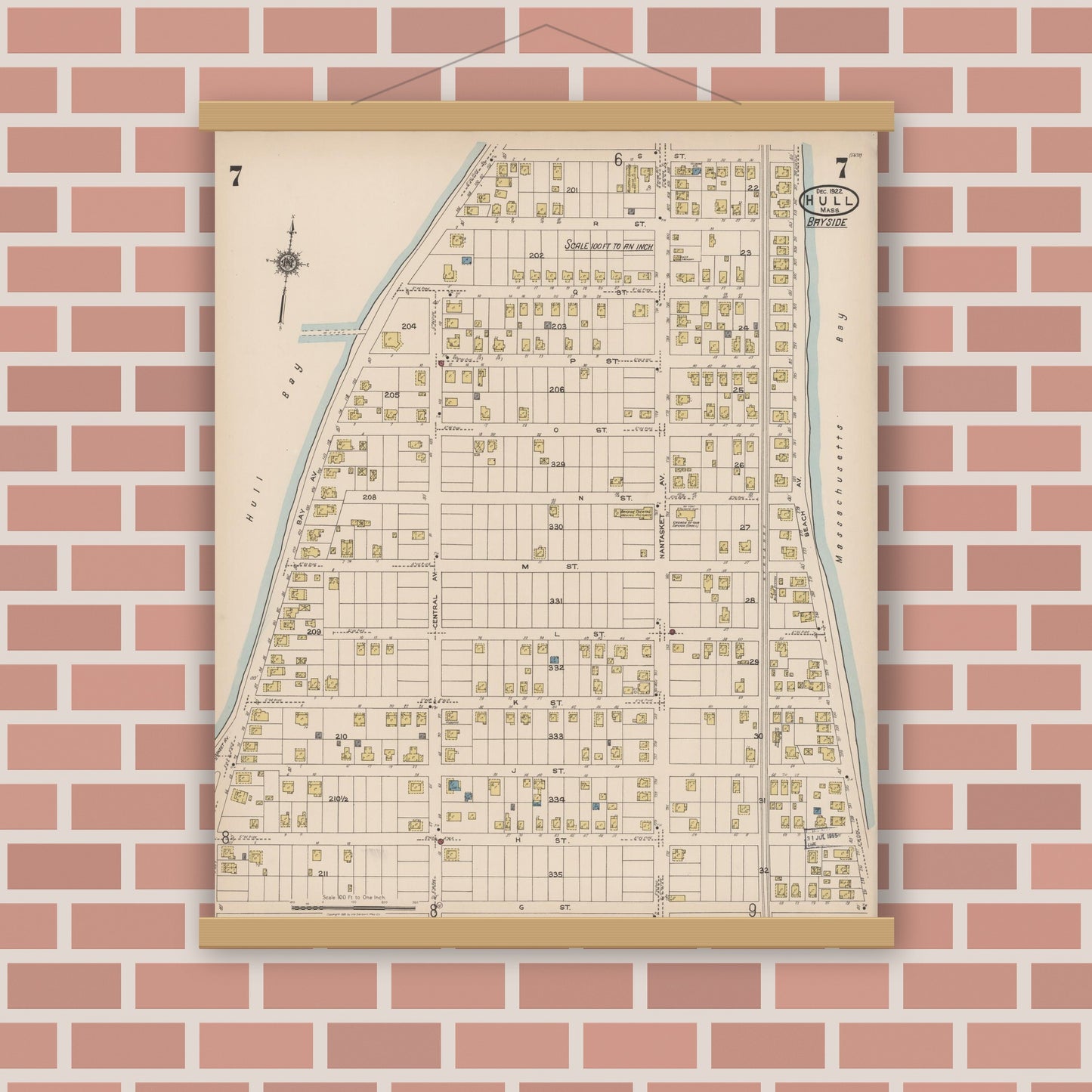 Old map wall art mockup — magnetic wood frame on brick wall — Sanborn Fire Insurance Map from Hull, Plymouth County, Massachusetts (1922), Sheet #0007