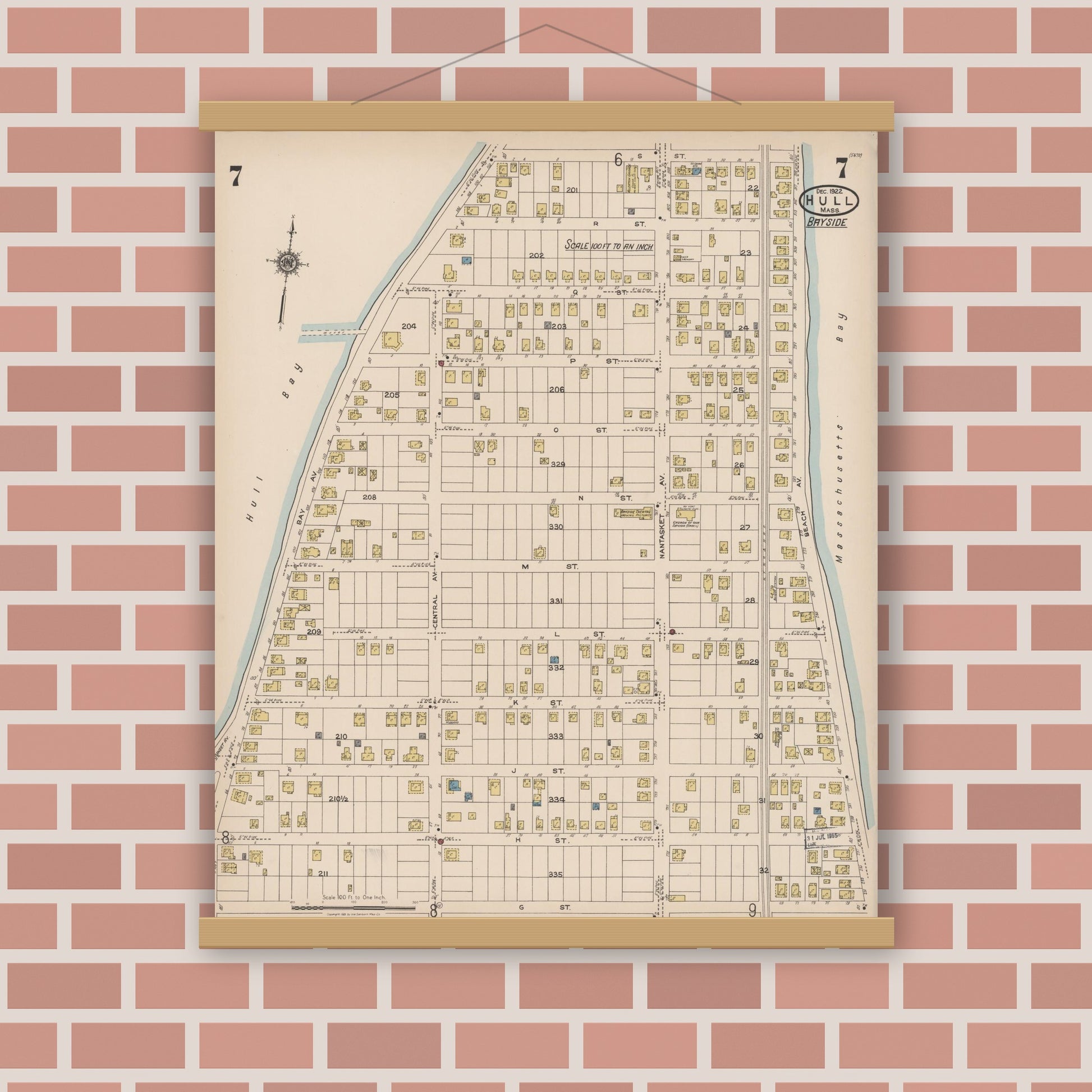 Old map wall art mockup — magnetic wood frame on brick wall — Sanborn Fire Insurance Map from Hull, Plymouth County, Massachusetts (1922), Sheet #0007