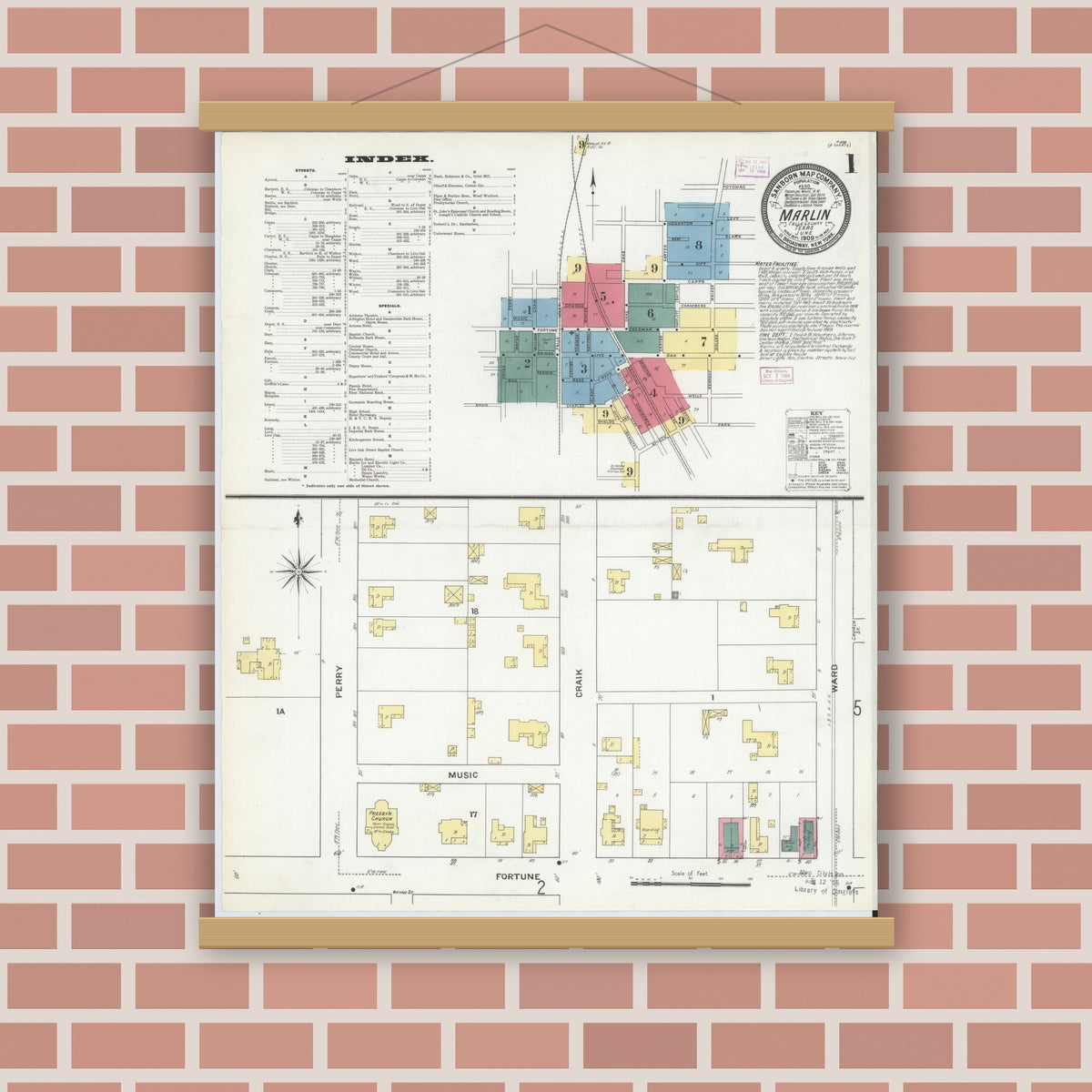 Old map wall art mockup — magnetic wood frame on brick wall — Sanborn Fire Insurance Map from Marlin, Falls County, Texas (1909) - Complete Map Set
