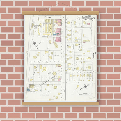 Old map wall art mockup — magnetic wood frame on brick wall — Sanborn Fire Insurance Map from Chandlerville, Cass County, Illinois (1909), Sheet #0003