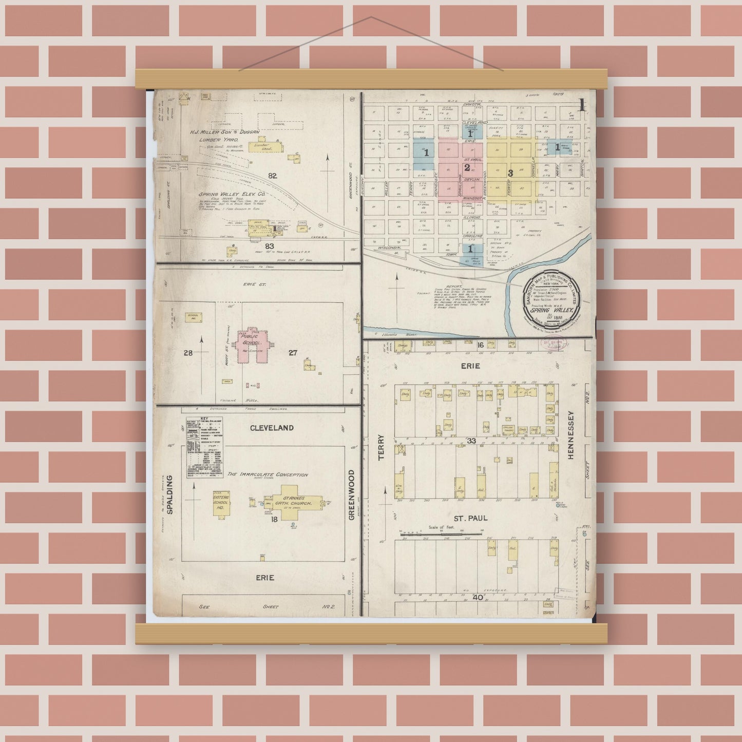 Old map wall art mockup — magnetic wood frame on brick wall — Sanborn Fire Insurance Map from Spring Valley, Bureau County, Illinois (1888), Sheet #0001