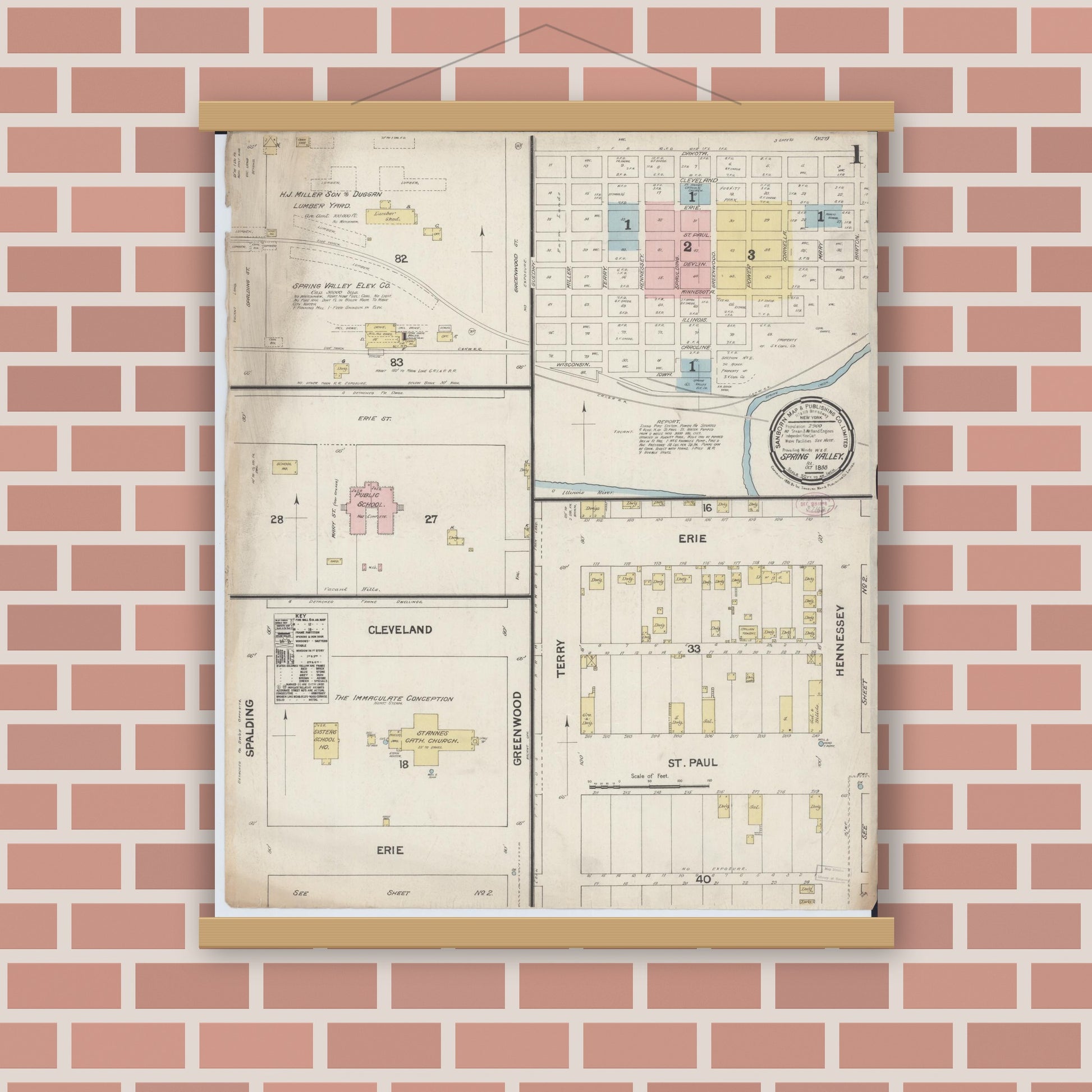 Old map wall art mockup — magnetic wood frame on brick wall — Sanborn Fire Insurance Map from Spring Valley, Bureau County, Illinois (1888), Sheet #0001
