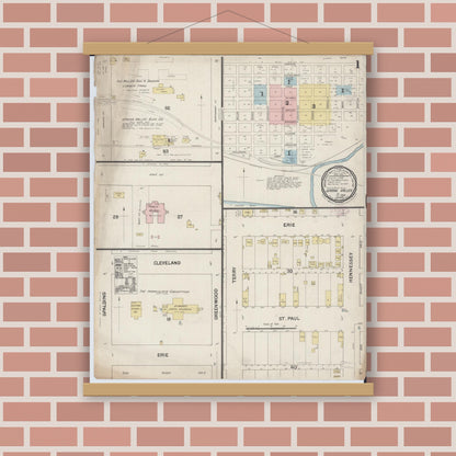 Old map wall art mockup — magnetic wood frame on brick wall — Sanborn Fire Insurance Map from Spring Valley, Bureau County, Illinois (1888), Sheet #0001