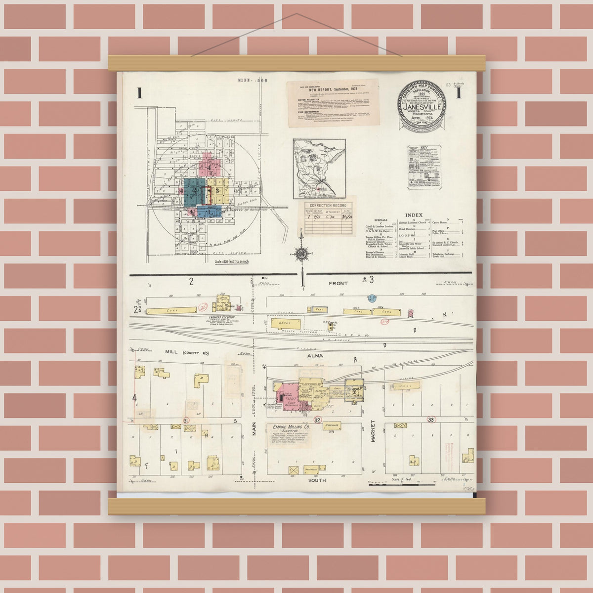 Old map wall art mockup — magnetic wood frame on brick wall — Sanborn Fire Insurance Map from Janesville, Waseca County, Minnesota (1937) - Complete Map Set