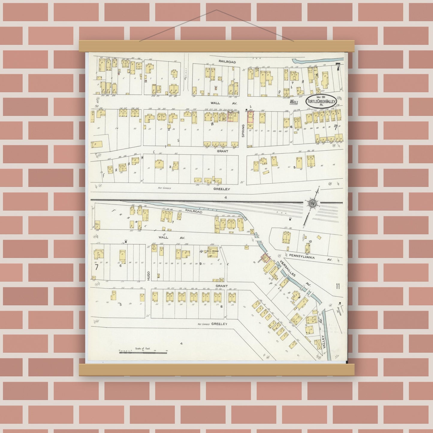 Old map wall art mockup — magnetic wood frame on brick wall — Sanborn Fire Insurance Map from Turtle Creek Valley, Allegheny County, Pennsylvania (1911), Sheet #0007