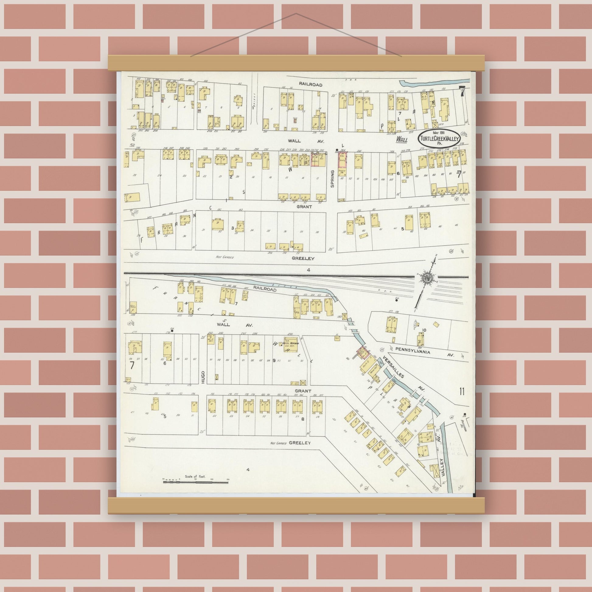 Old map wall art mockup — magnetic wood frame on brick wall — Sanborn Fire Insurance Map from Turtle Creek Valley, Allegheny County, Pennsylvania (1911), Sheet #0007