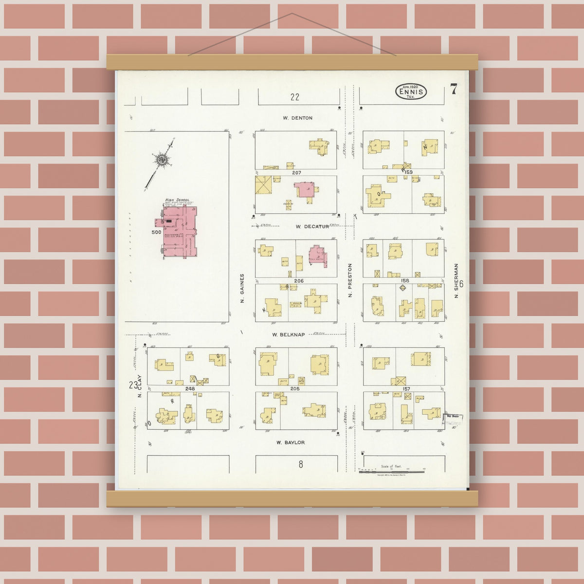 Old map wall art mockup — magnetic wood frame on brick wall — Sanborn Fire Insurance Map from Ennis, Ellis County, Texas (1920), Sheet #0007