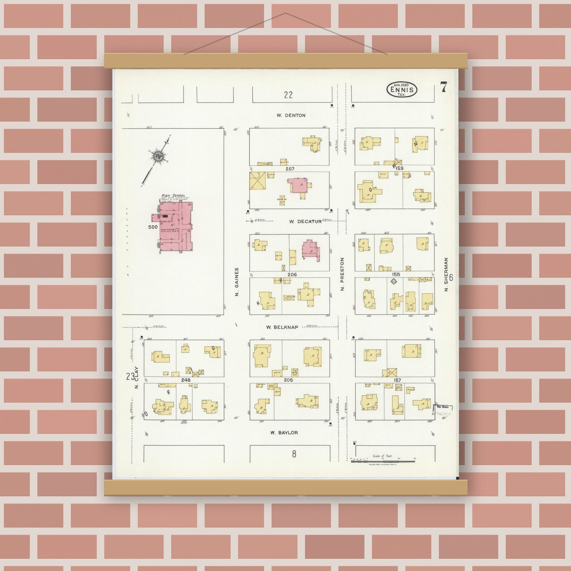 Old map wall art mockup — magnetic wood frame on brick wall — Sanborn Fire Insurance Map from Ennis, Ellis County, Texas (1920), Sheet #0007