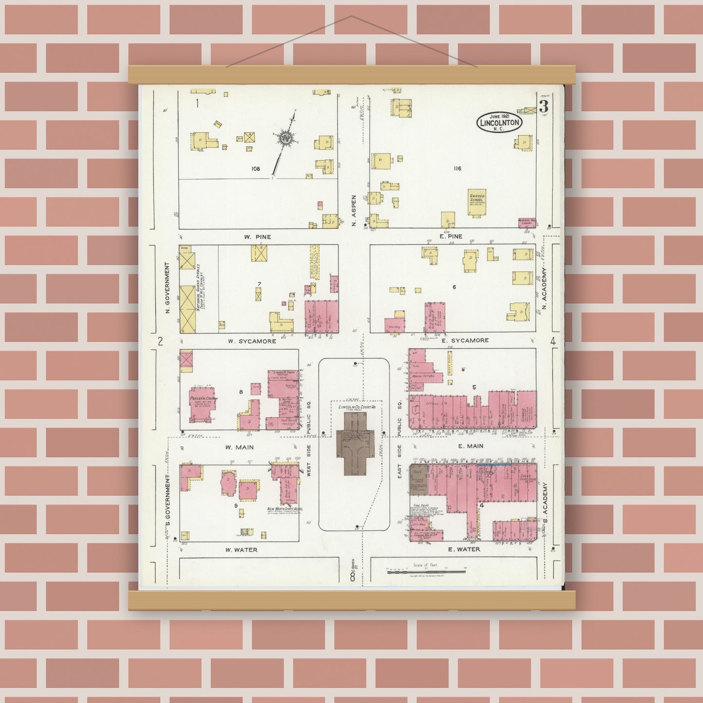 Old map wall art mockup — magnetic wood frame on brick wall — Sanborn Fire Insurance Map from Lincolnton, Lincoln County, North Carolina (1921), Sheet #0003