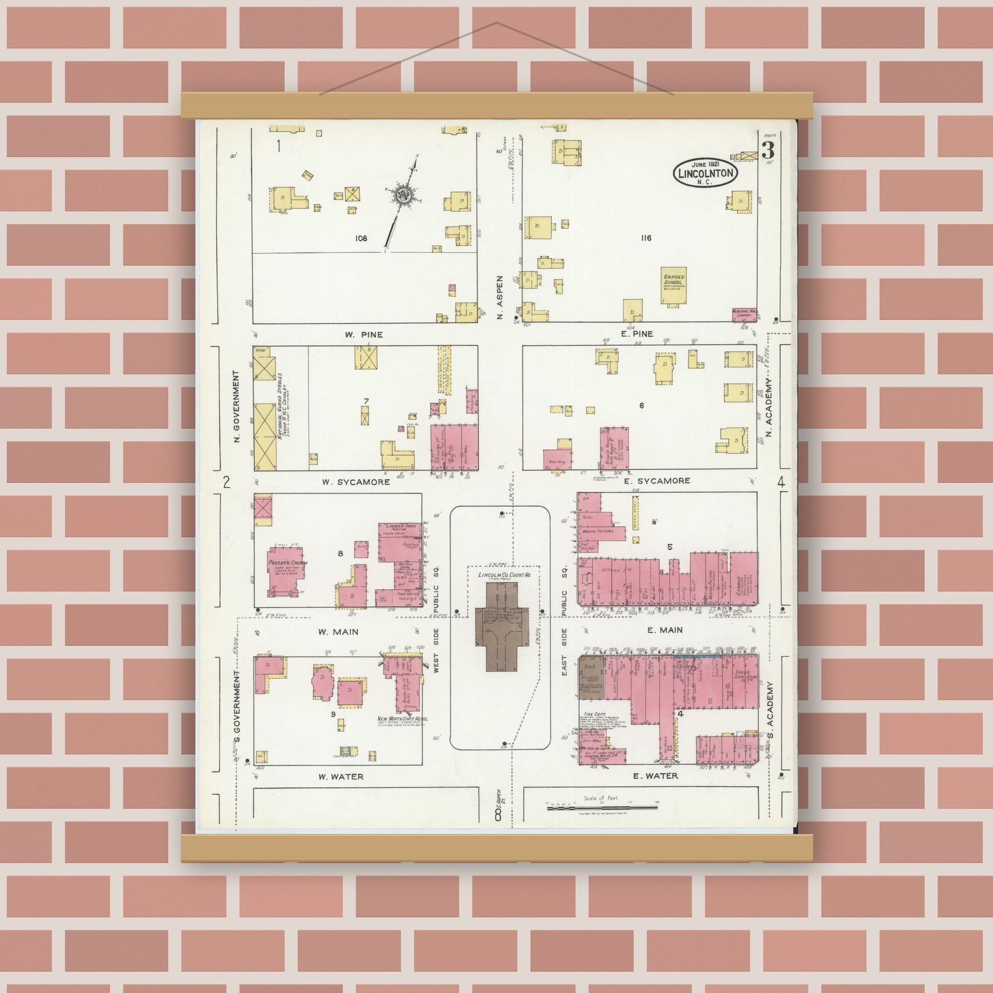 Old map wall art mockup — magnetic wood frame on brick wall — Sanborn Fire Insurance Map from Lincolnton, Lincoln County, North Carolina (1921), Sheet #0003