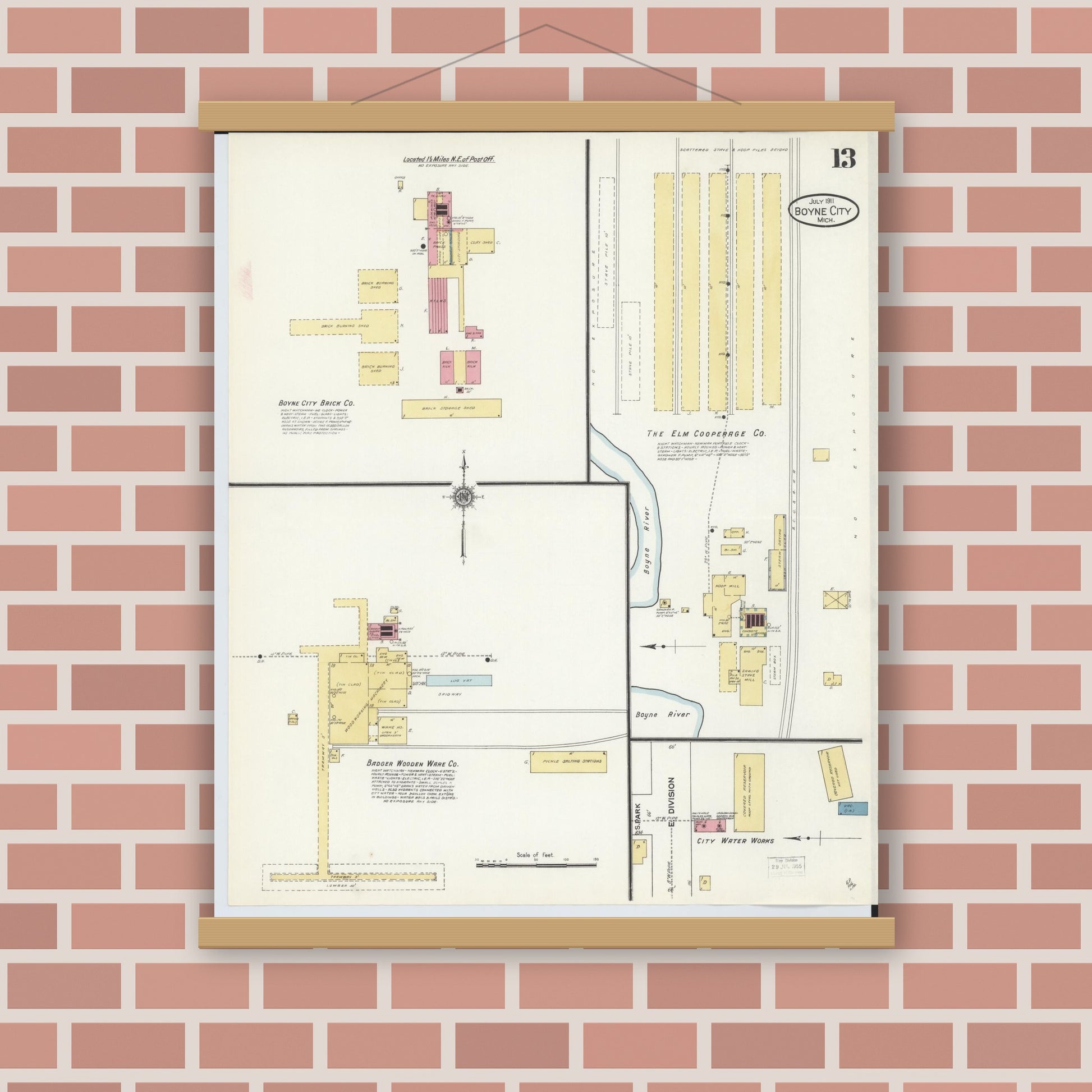 Old map wall art mockup — magnetic wood frame on brick wall — Sanborn Fire Insurance Map from Boyne City, Charlevoix County, Michigan (1911), Sheet #0013