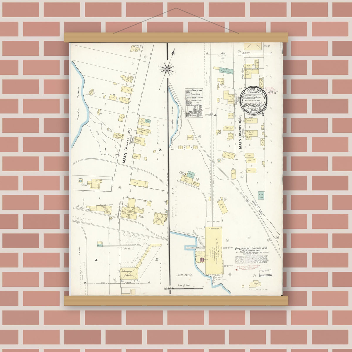 Old map wall art mockup — magnetic wood frame on brick wall — Sanborn Fire Insurance Map from Greenwood, Mendocino County, California (1891), Sheet #0001