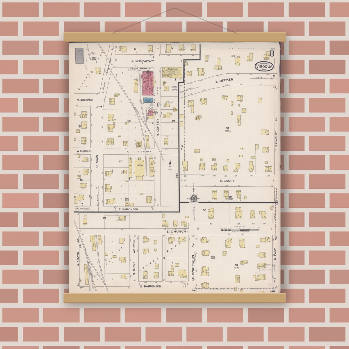 Old map wall art mockup — magnetic wood frame on brick wall — Sanborn Fire Insurance Map from Viroqua, Vernon County, Wisconsin (1922), Sheet #0008