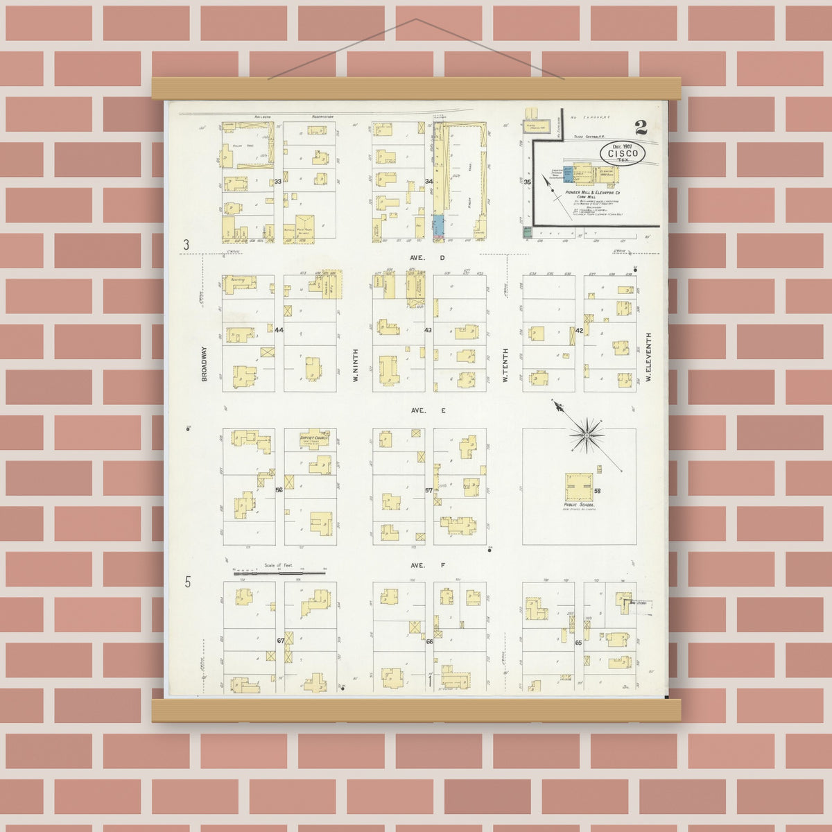 Old map wall art mockup — magnetic wood frame on brick wall — Sanborn Fire Insurance Map from Cisco, Eastland County, Texas (1907), Sheet #0002