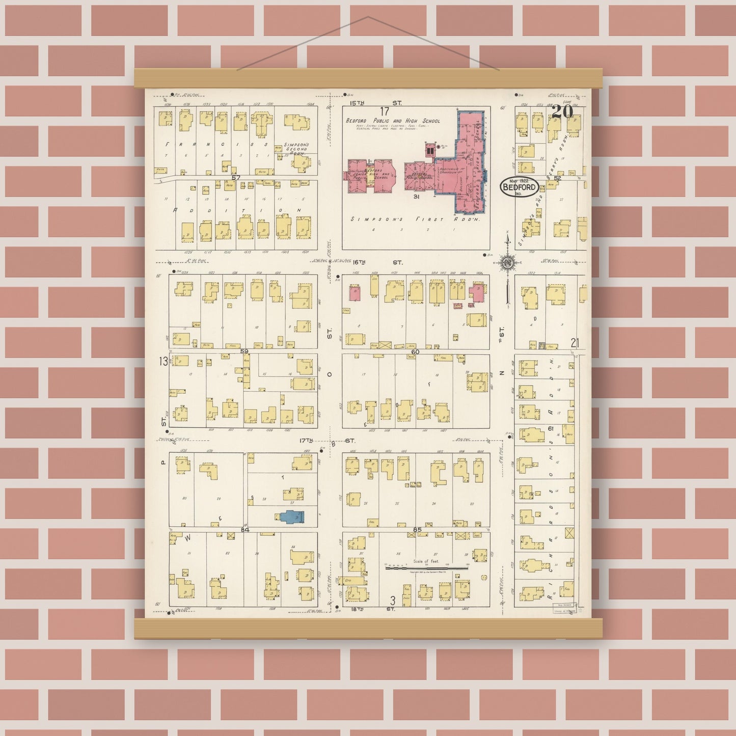 Old map wall art mockup — magnetic wood frame on brick wall — Sanborn Fire Insurance Map from Bedford, Lawrence County, Indiana (1922), Sheet #0020