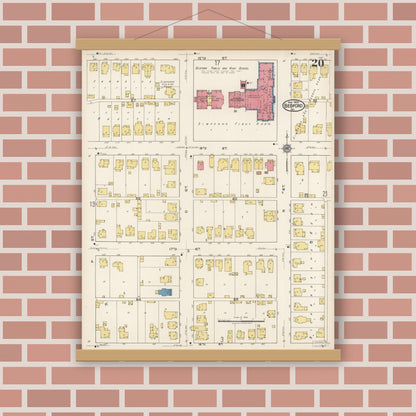 Old map wall art mockup — magnetic wood frame on brick wall — Sanborn Fire Insurance Map from Bedford, Lawrence County, Indiana (1922), Sheet #0020