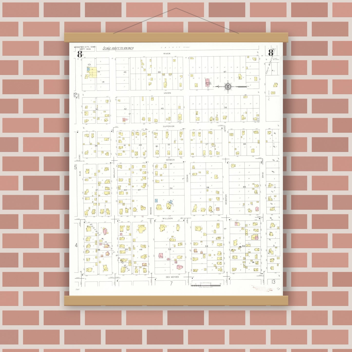 Old map wall art mockup — magnetic wood frame on brick wall — Sanborn Fire Insurance Map from Webster City, Hamilton County, Iowa (1938), Sheet #0008