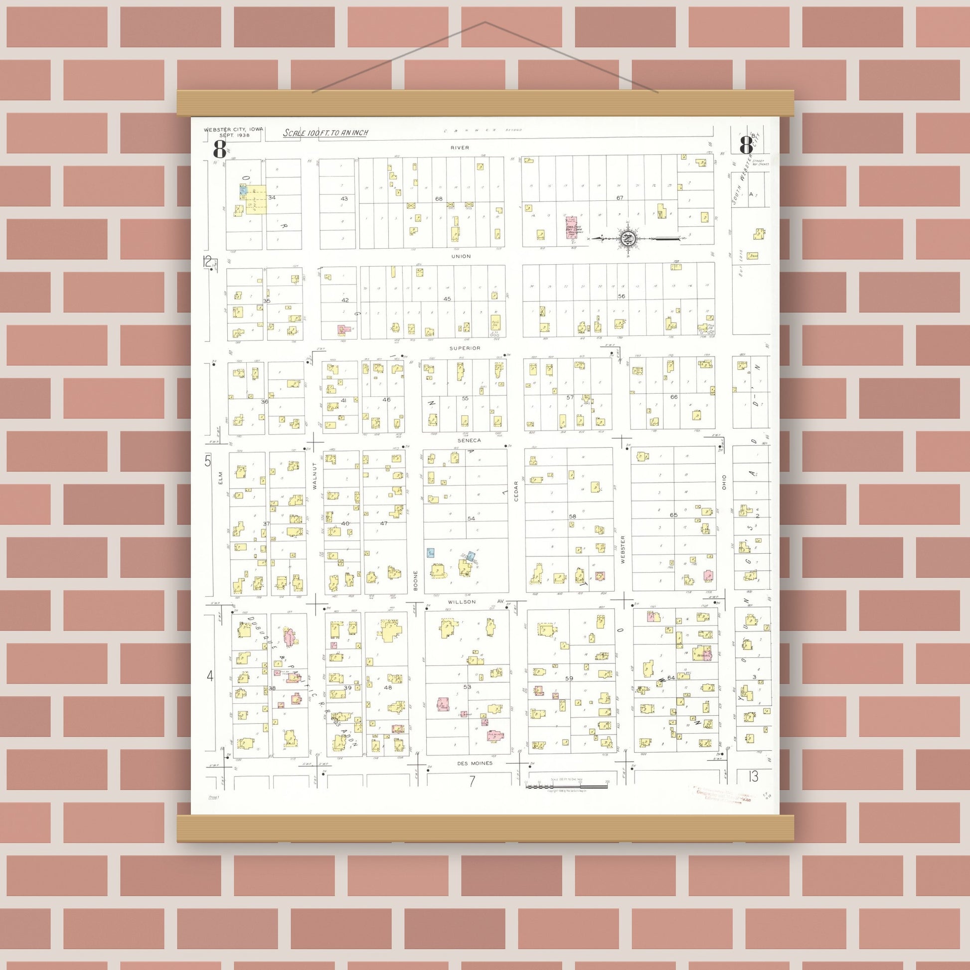 Old map wall art mockup — magnetic wood frame on brick wall — Sanborn Fire Insurance Map from Webster City, Hamilton County, Iowa (1938), Sheet #0008
