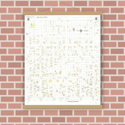 Old map wall art mockup — magnetic wood frame on brick wall — Sanborn Fire Insurance Map from Webster City, Hamilton County, Iowa (1938), Sheet #0008