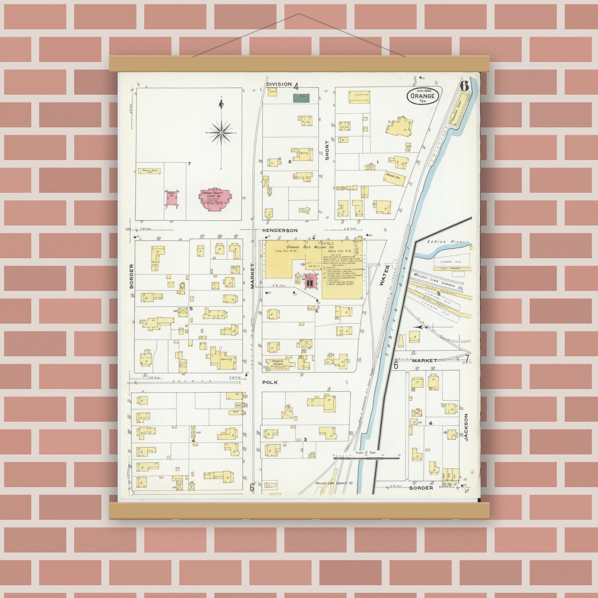 Old map wall art mockup — magnetic wood frame on brick wall — Sanborn Fire Insurance Map from Orange, Orange County, Texas (1909), Sheet #0006