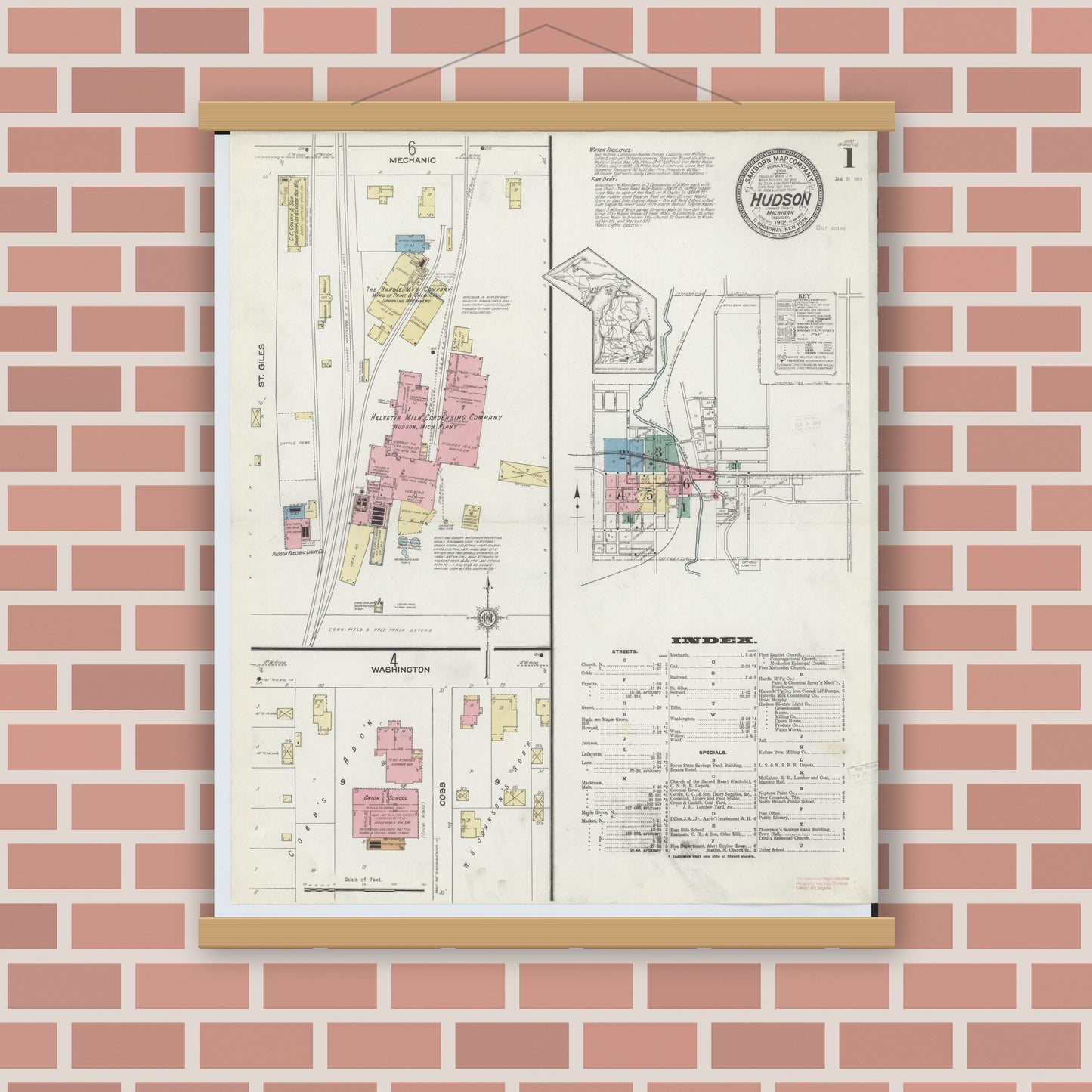 Old map wall art mockup — magnetic wood frame on brick wall — Sanborn Fire Insurance Map from Hudson, Lenawee County, Michigan (1912) - Complete Map Set