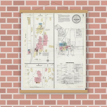Old map wall art mockup — magnetic wood frame on brick wall — Sanborn Fire Insurance Map from Hudson, Lenawee County, Michigan (1912) - Complete Map Set