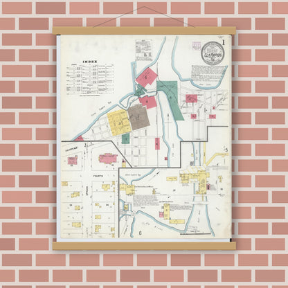 Old map wall art mockup — magnetic wood frame on brick wall — Sanborn Fire Insurance Map from Elk Rapids, Antrim County, Michigan (1907), Sheet #0001