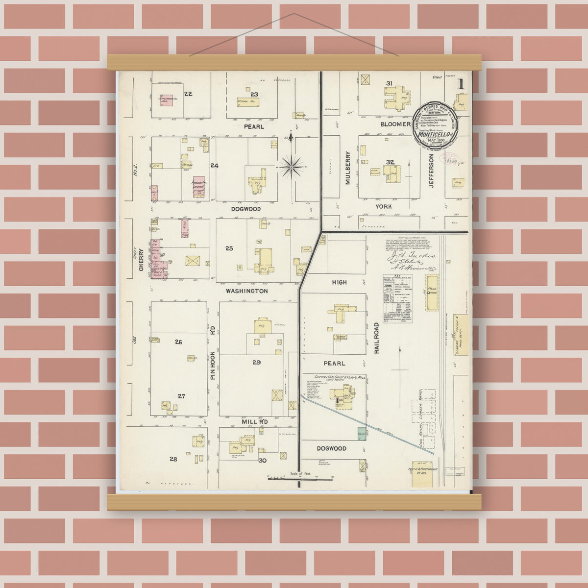 Old map wall art mockup — magnetic wood frame on brick wall — Sanborn Fire Insurance Map from Monticello, Jefferson County, Florida (1890), Sheet #0001