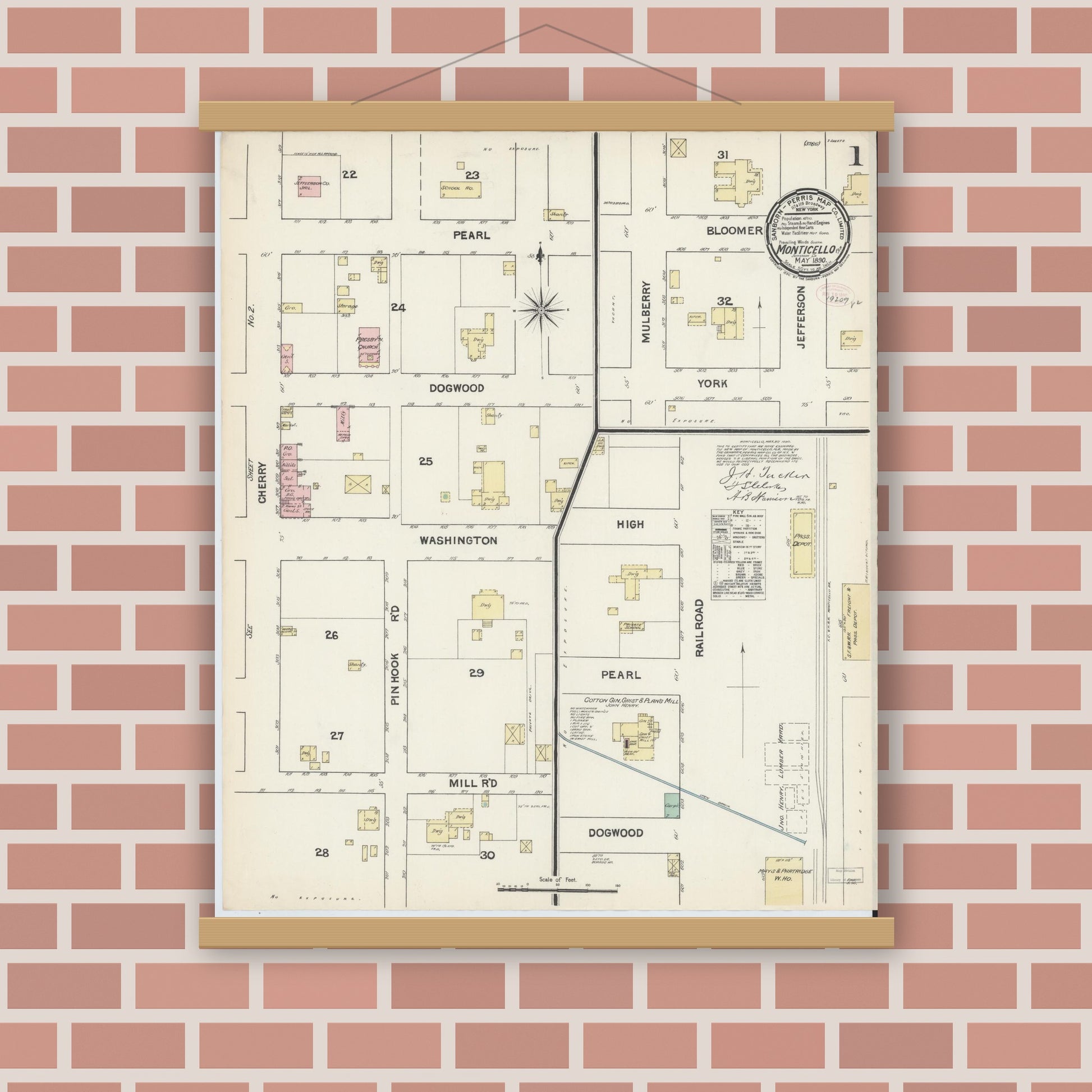 Old map wall art mockup — magnetic wood frame on brick wall — Sanborn Fire Insurance Map from Monticello, Jefferson County, Florida (1890), Sheet #0001