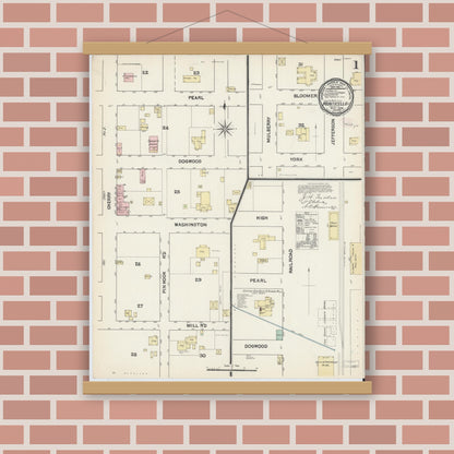 Old map wall art mockup — magnetic wood frame on brick wall — Sanborn Fire Insurance Map from Monticello, Jefferson County, Florida (1890), Sheet #0001