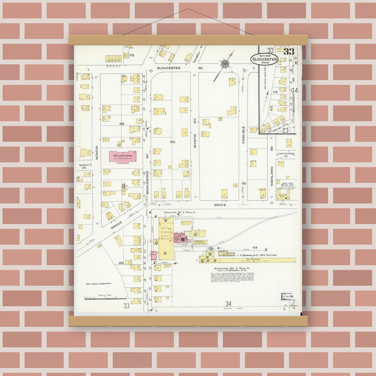 Old map wall art mockup — magnetic wood frame on brick wall — Sanborn Fire Insurance Map from Gloucester, Essex County, Massachusetts (1909), Sheet #0033