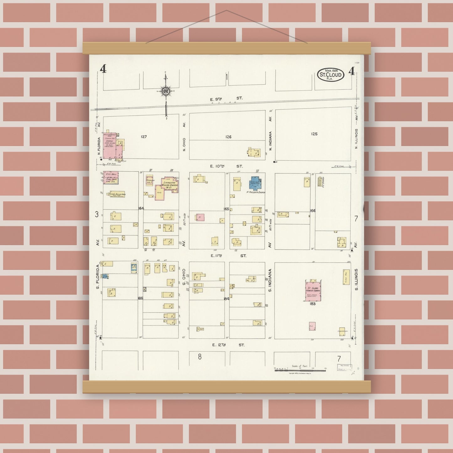 Old map wall art mockup — magnetic wood frame on brick wall — Sanborn Fire Insurance Map from Saint Cloud, Osceola County, Florida (1924), Sheet #0004