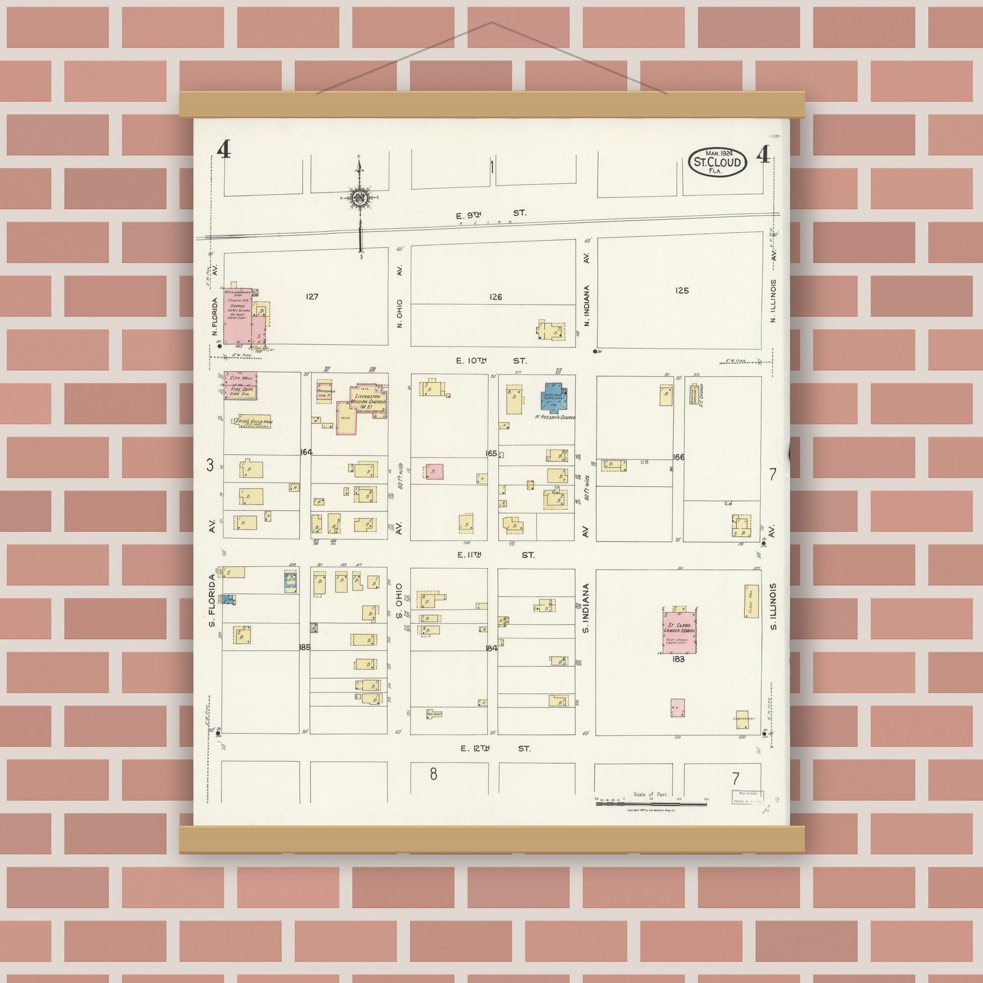 Old map wall art mockup — magnetic wood frame on brick wall — Sanborn Fire Insurance Map from Saint Cloud, Osceola County, Florida (1924), Sheet #0004
