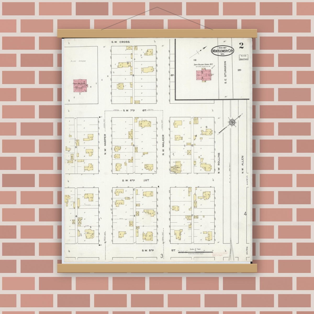 Old map wall art mockup — magnetic wood frame on brick wall — Sanborn Fire Insurance Map from Montgomery City, Montgomery County, Missouri (1917), Sheet #0002
