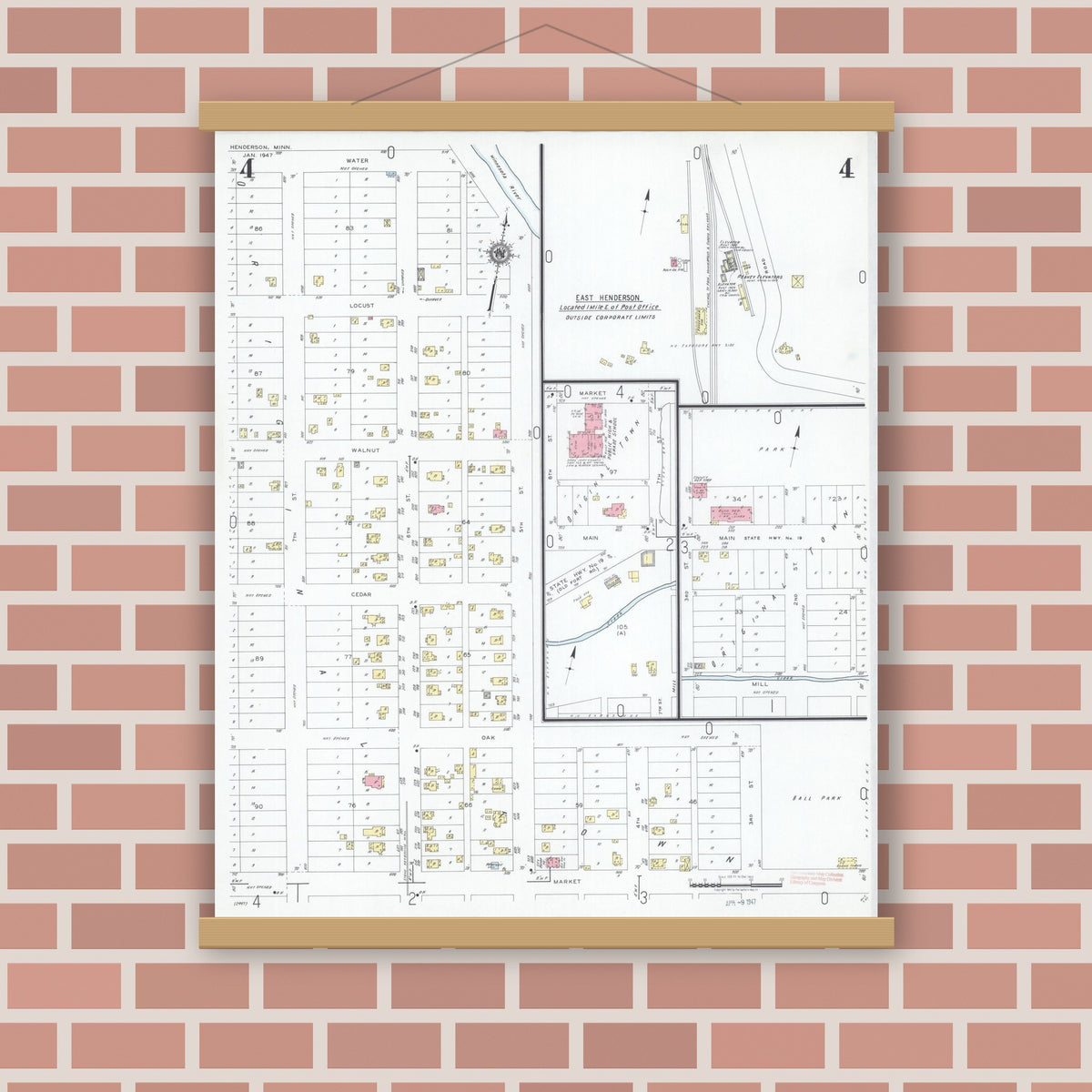 Old map wall art mockup — magnetic wood frame on brick wall — Sanborn Fire Insurance Map from Henderson, Sibley County, Minnesota (1947), Sheet #0004