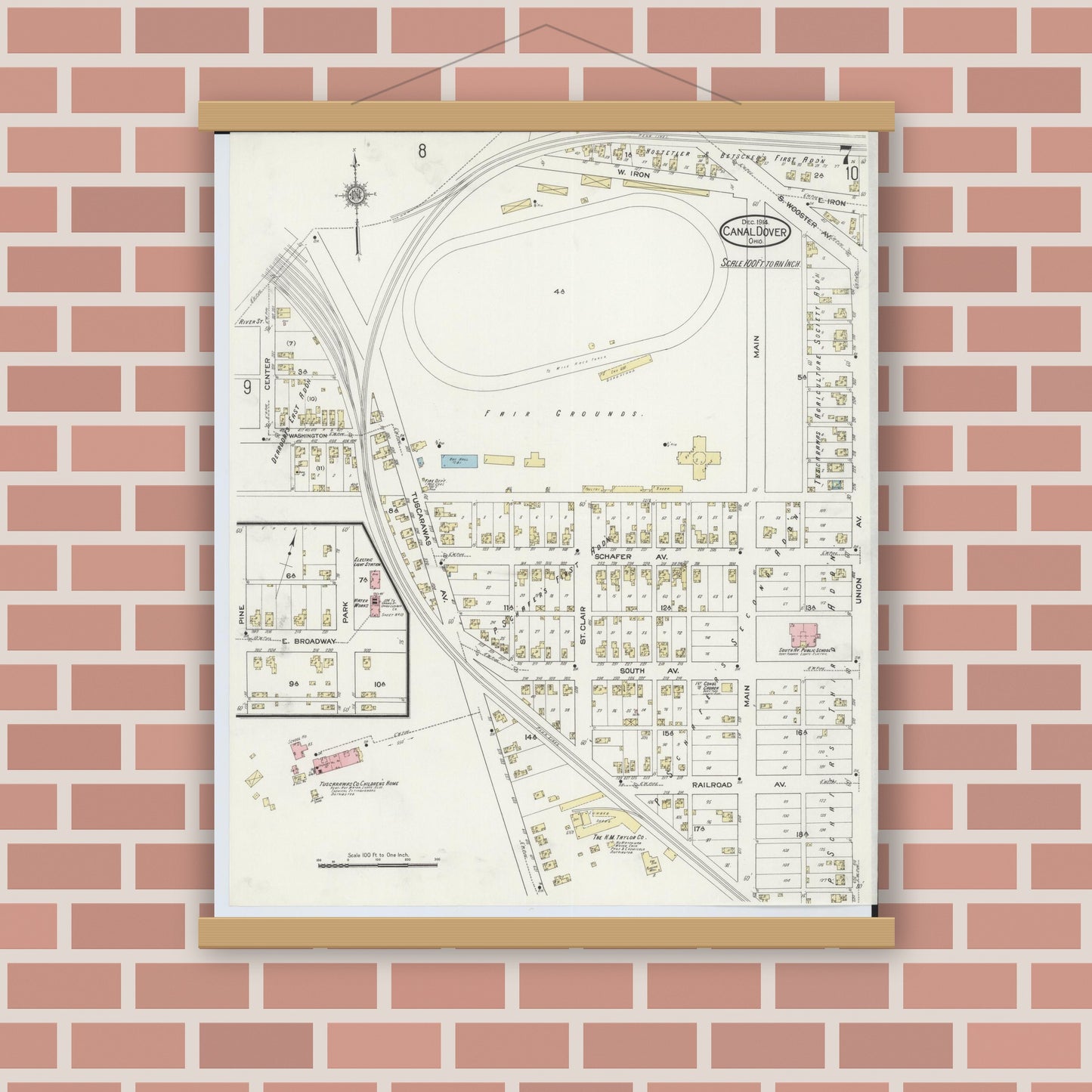 Old map wall art mockup — magnetic wood frame on brick wall — Sanborn Fire Insurance Map from Canal Dover, Tuscarawas County, Ohio (1914), Sheet #0007