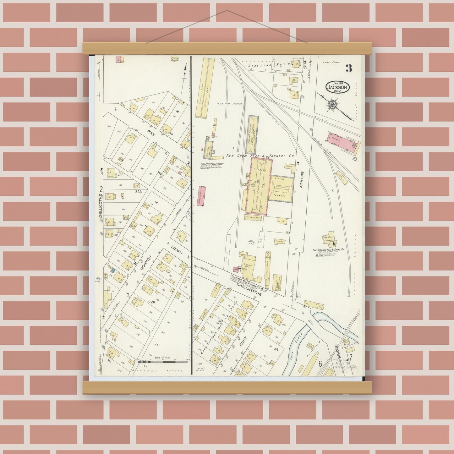 Old map wall art mockup — magnetic wood frame on brick wall — Sanborn Fire Insurance Map from Jackson, Jackson County, Ohio (1914), Sheet #0003