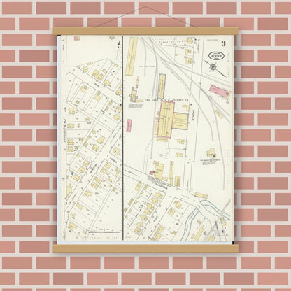 Old map wall art mockup — magnetic wood frame on brick wall — Sanborn Fire Insurance Map from Jackson, Jackson County, Ohio (1914), Sheet #0003
