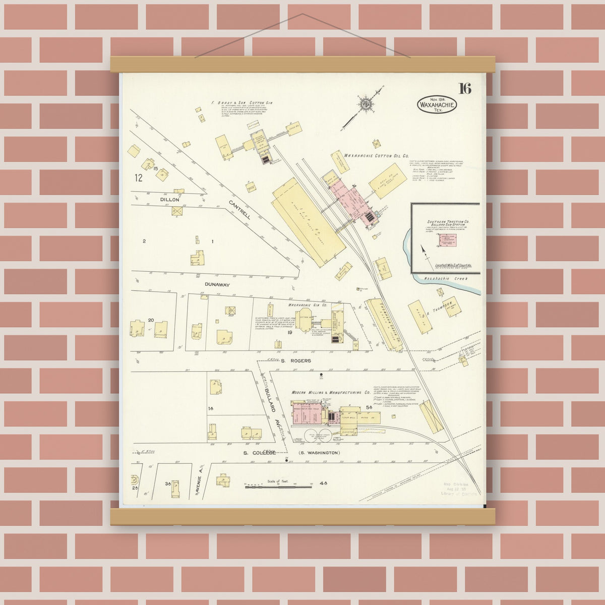 Old map wall art mockup — magnetic wood frame on brick wall — Sanborn Fire Insurance Map from Waxahachie, Ellis County, Texas (1914), Sheet #0016