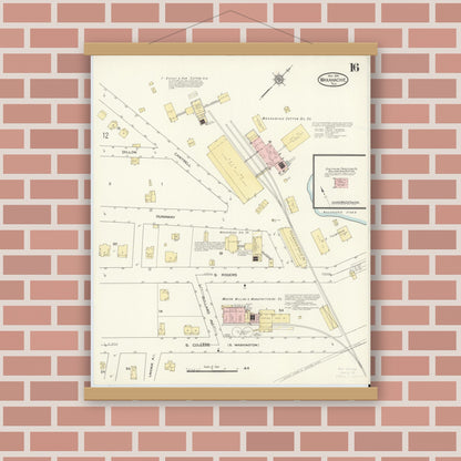 Old map wall art mockup — magnetic wood frame on brick wall — Sanborn Fire Insurance Map from Waxahachie, Ellis County, Texas (1914), Sheet #0016