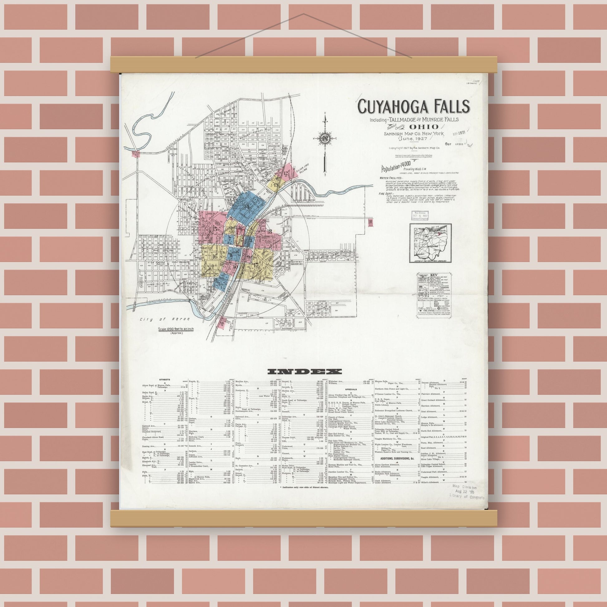 Old map wall art mockup — magnetic wood frame on brick wall — Sanborn Fire Insurance Map from Cuyahoga Falls, Summit County, Ohio (1927), Sheet #0001