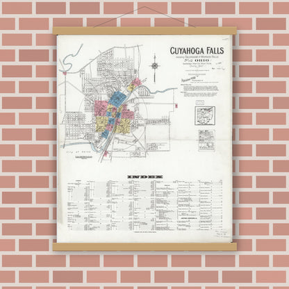 Old map wall art mockup — magnetic wood frame on brick wall — Sanborn Fire Insurance Map from Cuyahoga Falls, Summit County, Ohio (1927), Sheet #0001