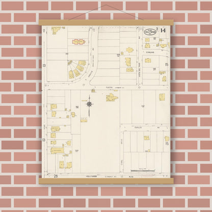 Old map wall art mockup — magnetic wood frame on brick wall — Sanborn Fire Insurance Map from Hollywood, Los Angeles County, California (1913), Sheet #0014