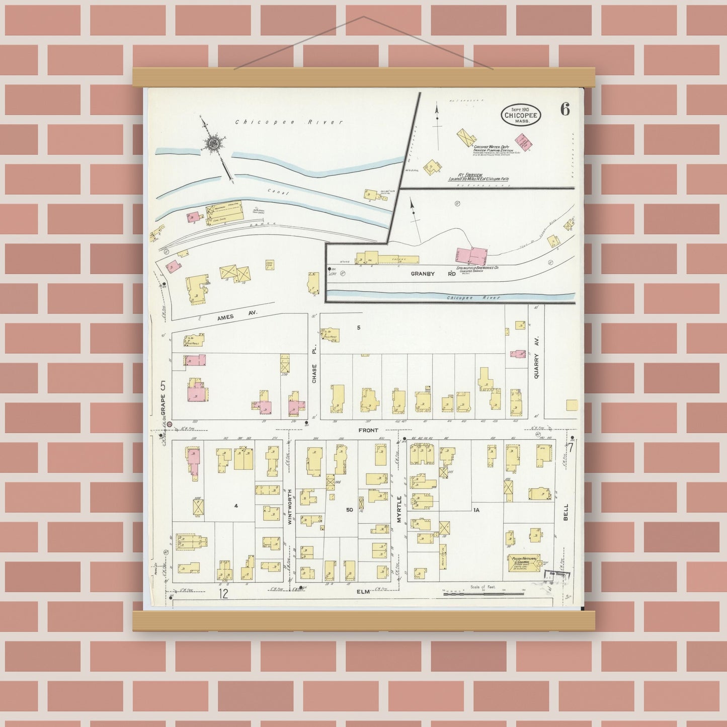 Old map wall art mockup — magnetic wood frame on brick wall — Sanborn Fire Insurance Map from Chicopee, Hampden County, Massachusetts (1910), Sheet #0006