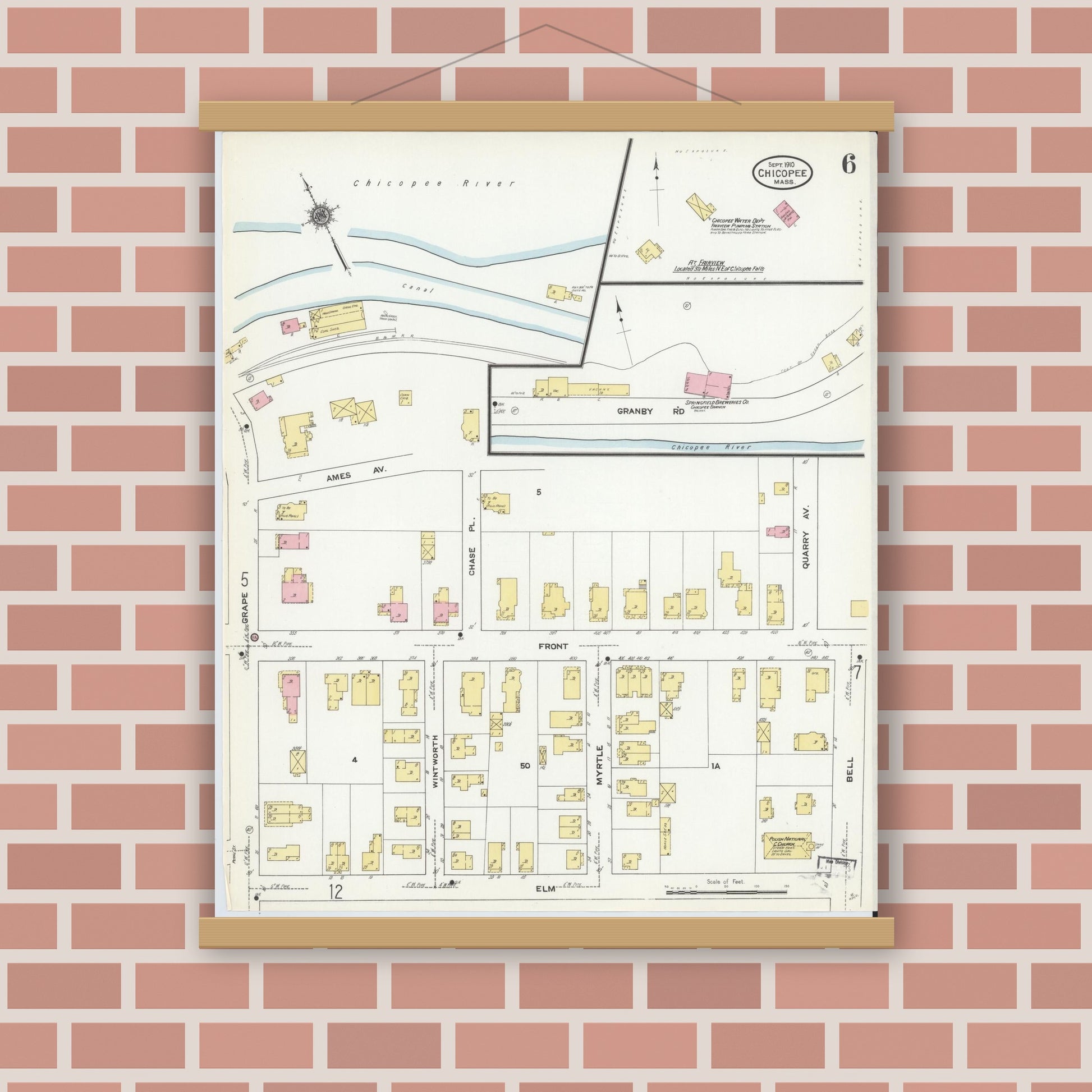 Old map wall art mockup — magnetic wood frame on brick wall — Sanborn Fire Insurance Map from Chicopee, Hampden County, Massachusetts (1910), Sheet #0006