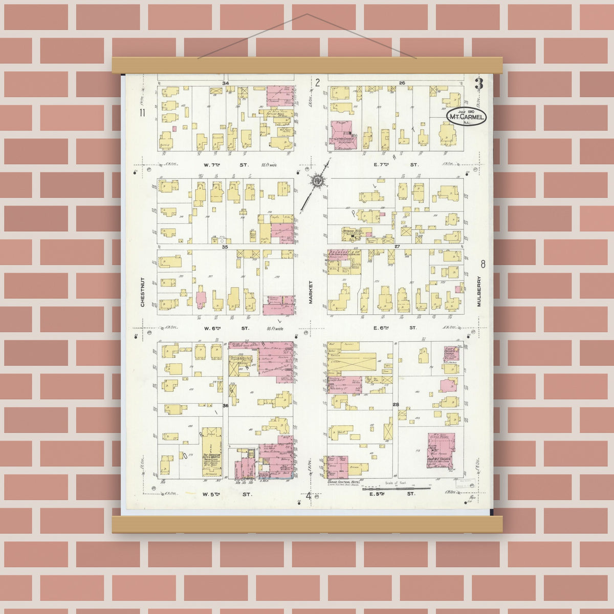 Old map wall art mockup — magnetic wood frame on brick wall — Sanborn Fire Insurance Map from Mount Carmel, Wabash County, Illinois (1910), Sheet #0003
