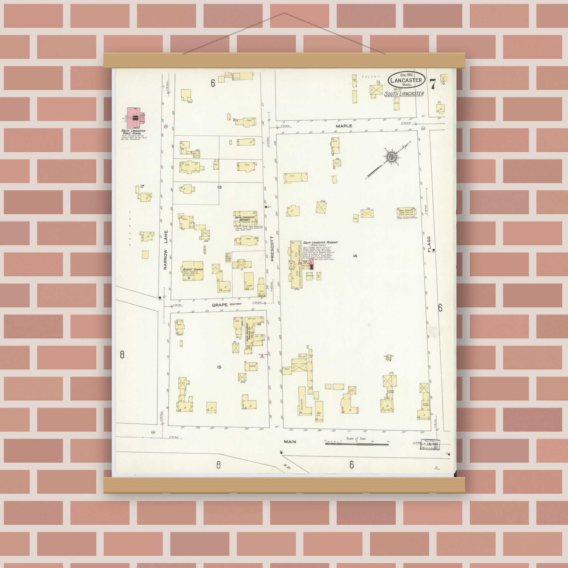 Old map wall art mockup — magnetic wood frame on brick wall — Sanborn Fire Insurance Map from Lancaster, Worcester County, Massachusetts (1910), Sheet #0007