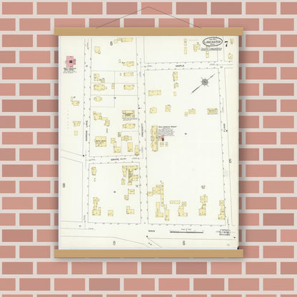 Old map wall art mockup — magnetic wood frame on brick wall — Sanborn Fire Insurance Map from Lancaster, Worcester County, Massachusetts (1910), Sheet #0007