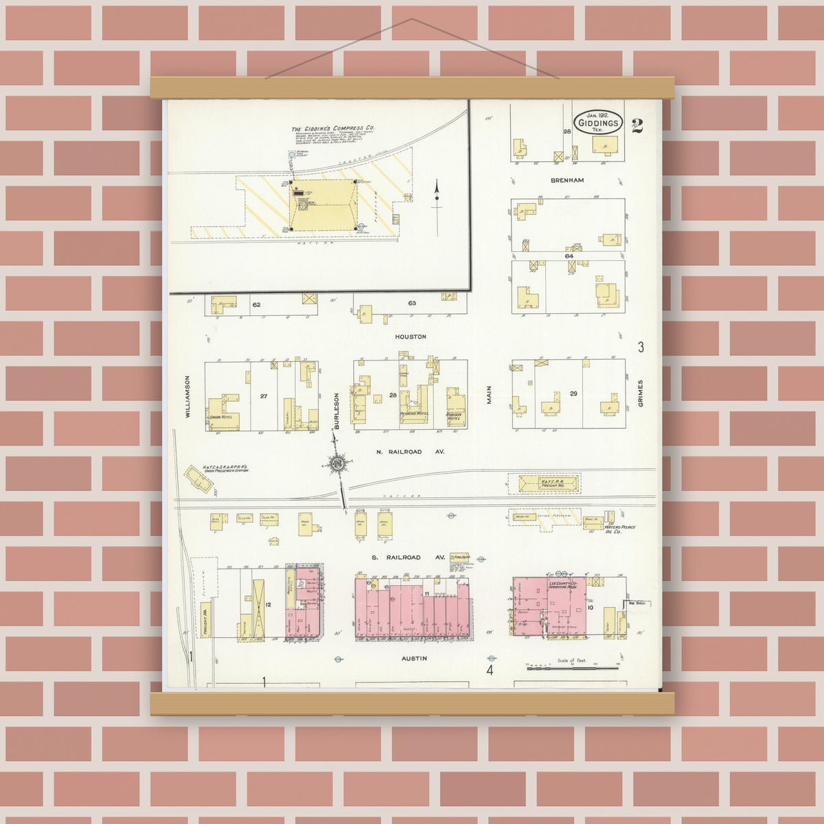 Old map wall art mockup — magnetic wood frame on brick wall — Sanborn Fire Insurance Map from Giddings, Lee County, Texas (1912), Sheet #0002