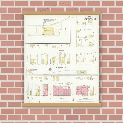 Old map wall art mockup — magnetic wood frame on brick wall — Sanborn Fire Insurance Map from Giddings, Lee County, Texas (1912), Sheet #0002